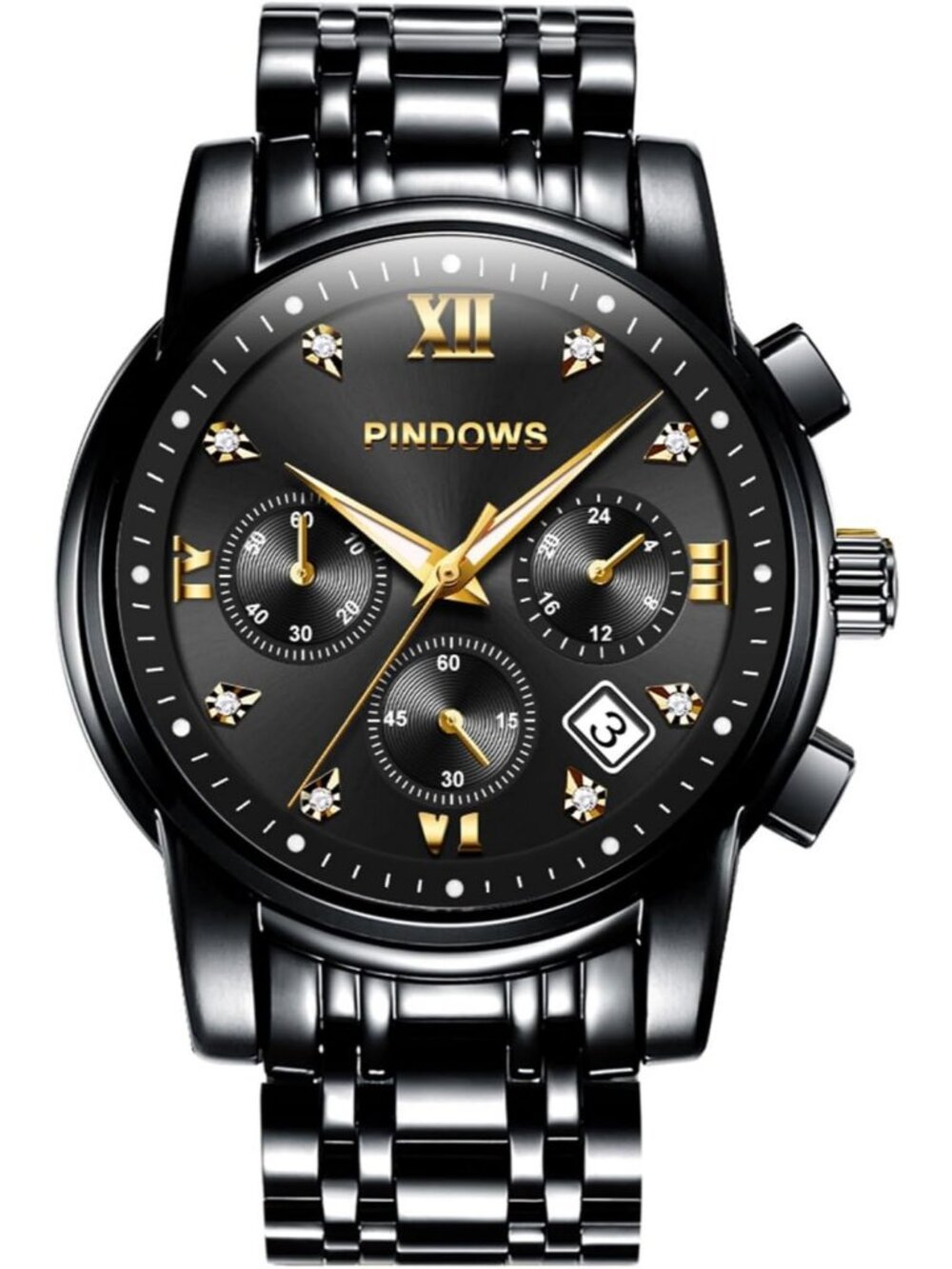 Men's All Black Classic Quartz Watch Stainless Steel Diamond Dial Wrist Watch